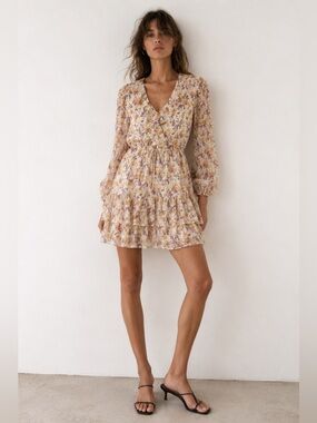 Lucy Paris Floral Ruffle Mini Dress XS Cream Pink Yellow